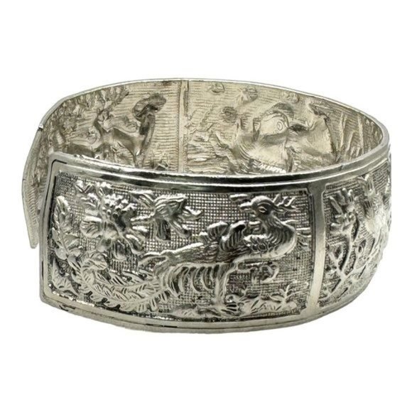 Tibetan Silver Bangle Cuff Bracelet with Peacocks, Love Birds and Deer Scenes - Picture 3 of 11